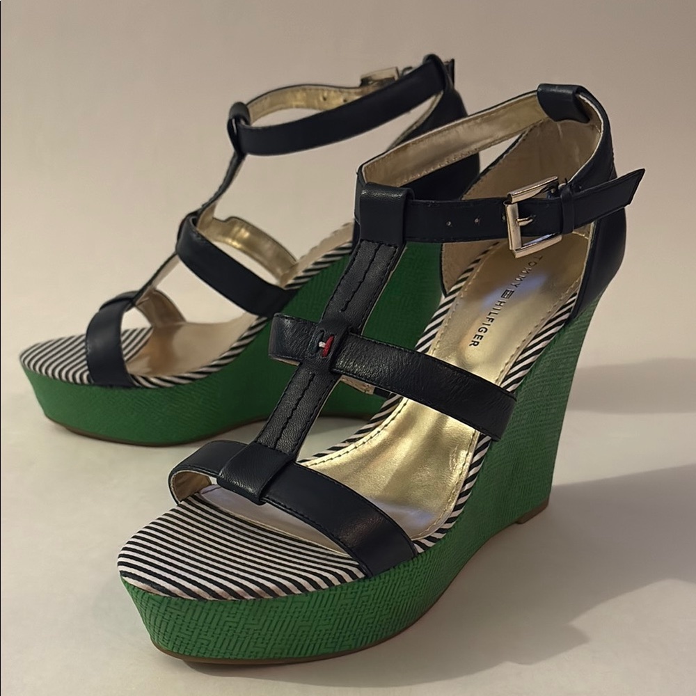 Tommy Hilfiger Black and Green Wedge Sandals